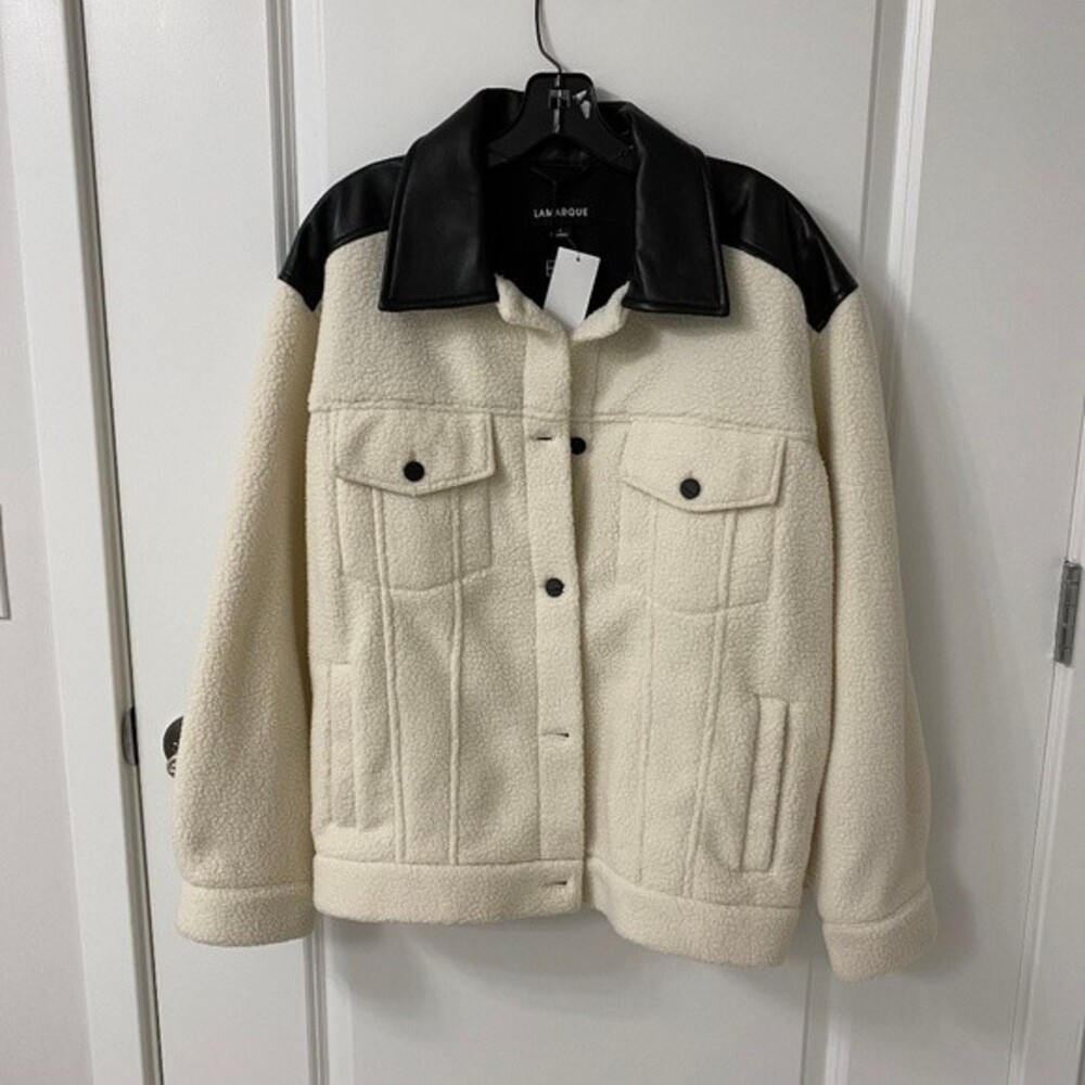 Lamarque Linn Fleece Jacket Lamb Leather Ivory S Small Moto Trucker Shacket Coat